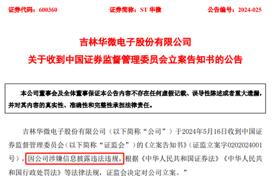 ST华微因涉嫌信息披露违法违规，收到中国证监会的《立案告知书》